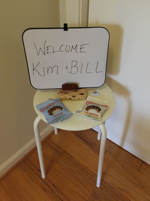 Welcome sign with local treats