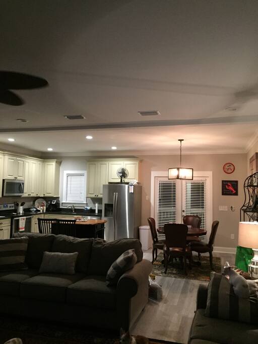 The cozy living area has 2 couches. One is a queen sleeper. Kitchen is fully equipped with everything you need to whip up a meall