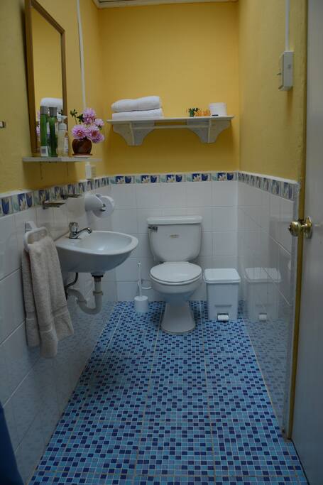 Cada habitación tiene baño privado con un renovado sistema de agua caliente. Baño de la habitación #1
Each bedroom has a private bathroom whit an improved system of hot water. Bathroom of room #1