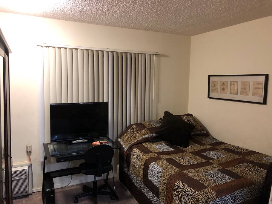 Available. Private Room 2. Big queen bed. Desk. TV AC. Window