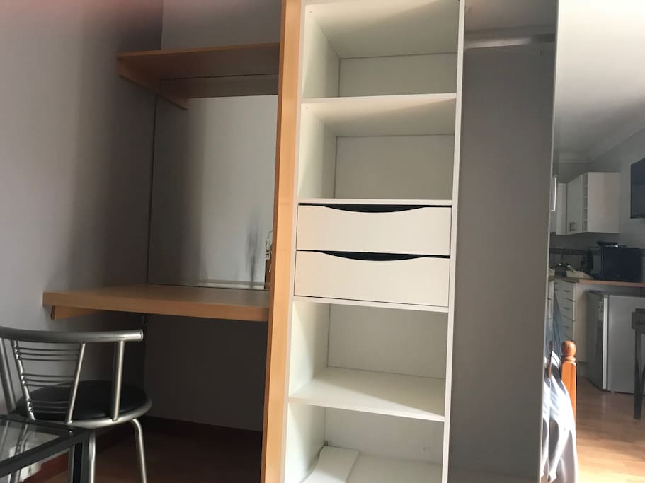 A nifty workstation, WiFi, and plenty of cupboard space.