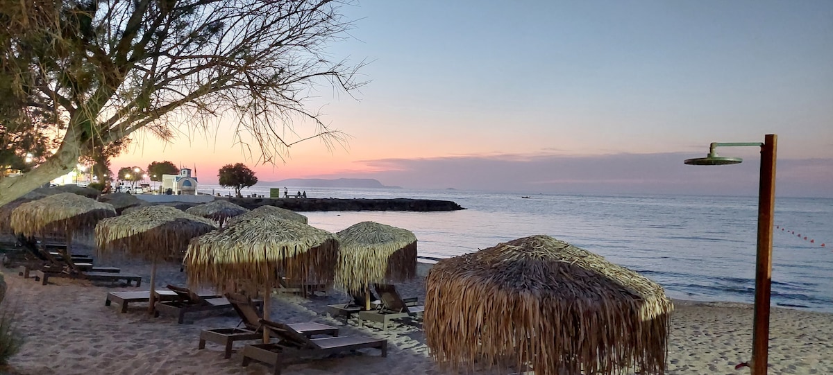 A serene beach scene features thatched umbrellas lining a sandy shore, with loungers arranged beneath them. The calm sea stretches into the horizon, where soft hues of twilight blend above. Bare trees are visible, adding to the tranquil atmosphere as the day transitions to evening.