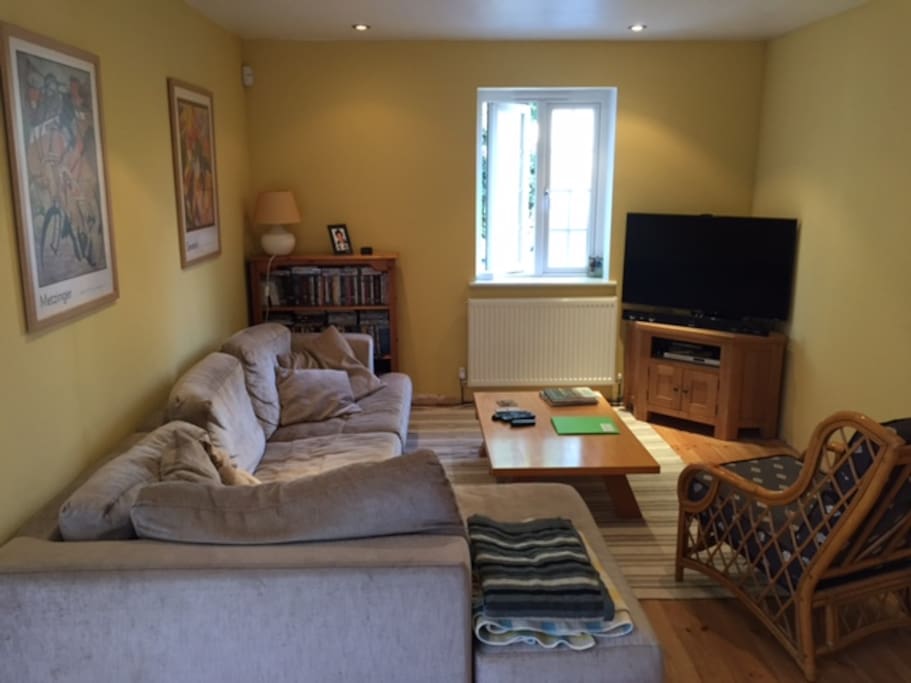 Comfy first lounge area with TV and LOTS of great DVDs
