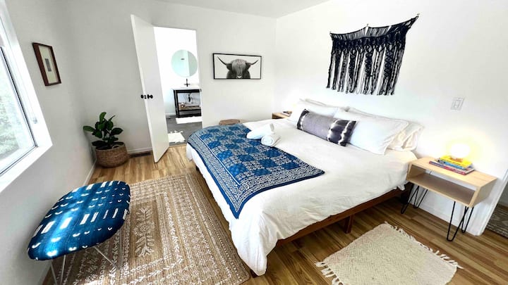 The Primary bedroom has a premium King size bed with luxury linens and huge closet. 