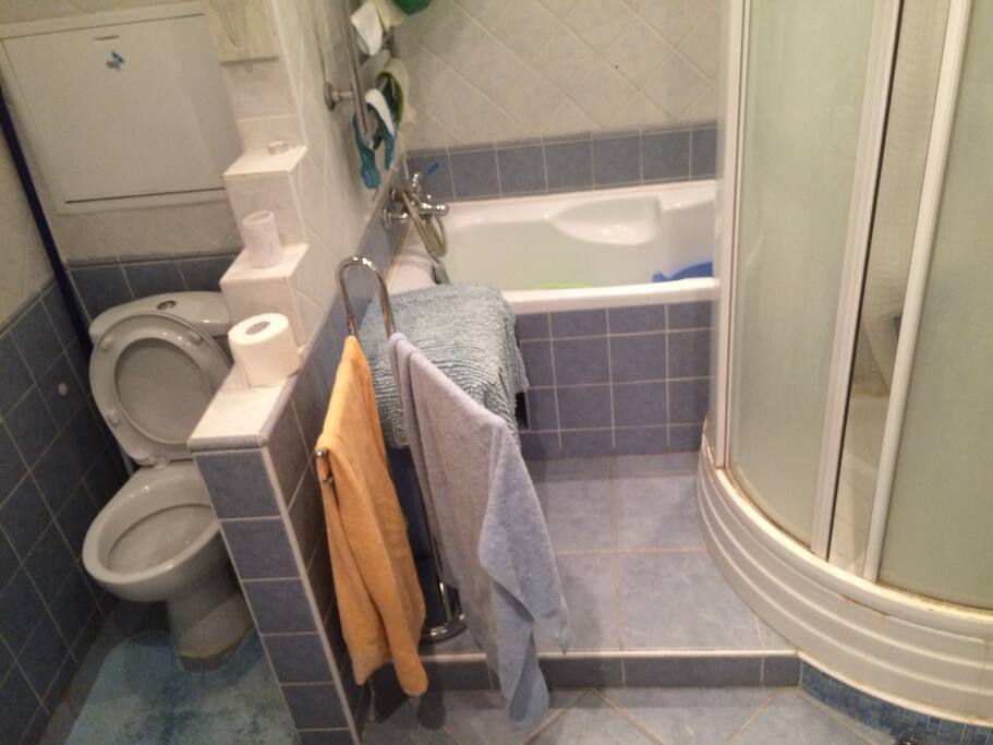 Toilet, shower cabin, bathtub