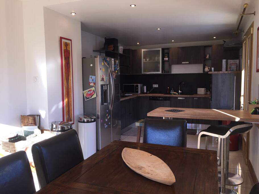 Cuisine ouverte entièrement équipée: frigo américain avec filtre à eau, glaçon, eau réfrigérée; four traditionnel, four à micro onde, plaque induction et gaz, appareil à raclette traditionnel