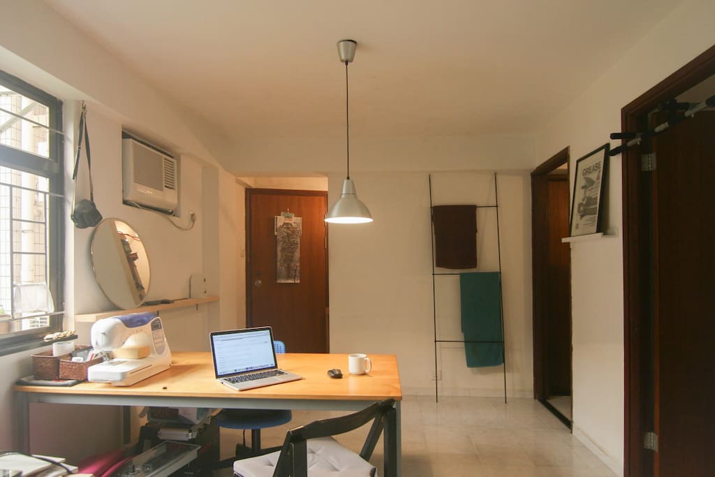 Living room, working desk, entrance space