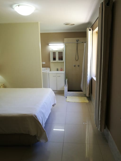 Open shower in bedroom with door