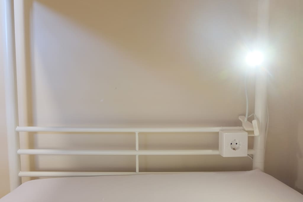 1 bed lamp and 1 plug each bed. Make sure you bring our own travel adapter.