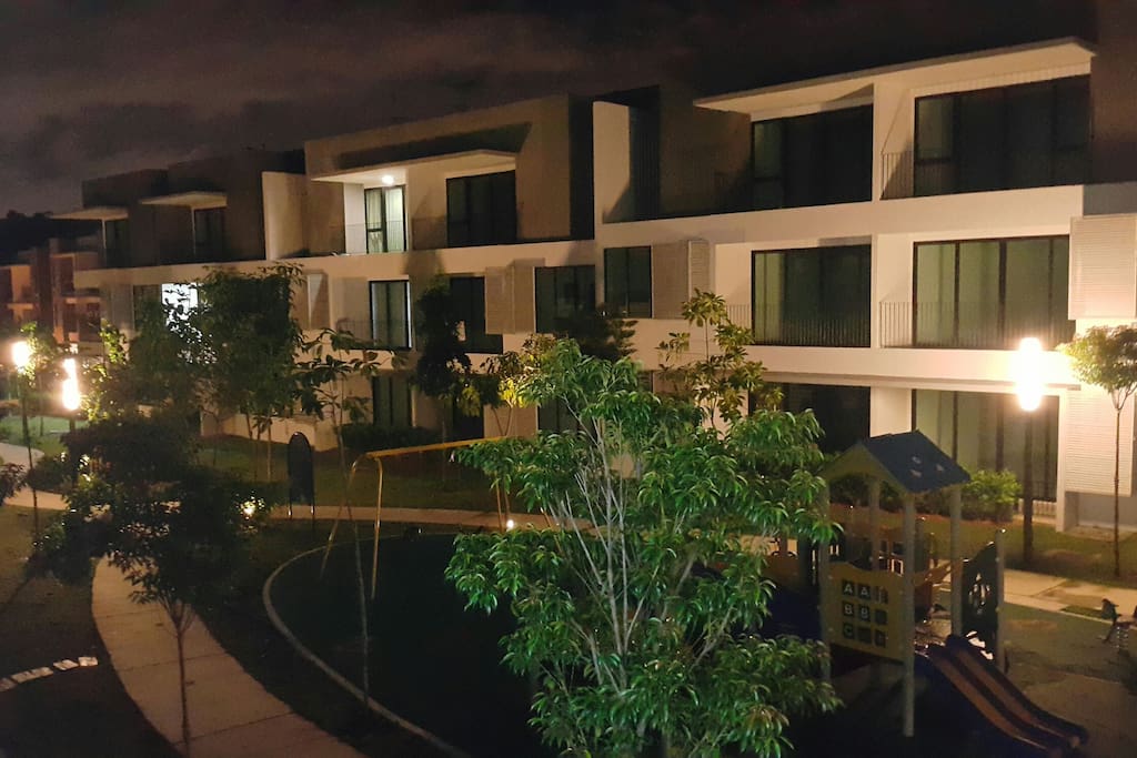 Night scene of garden behind unit