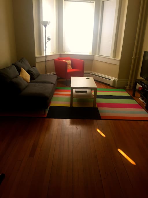 Natural morning light in the street-side living room.