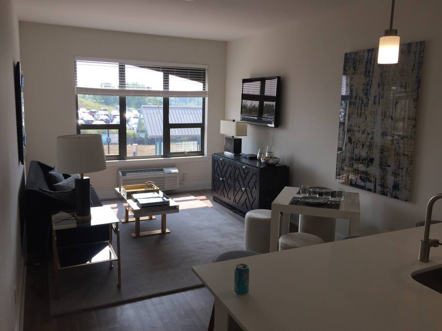 Living room with views of Statue of Liberty, Ellis island, and downtown Manhattan