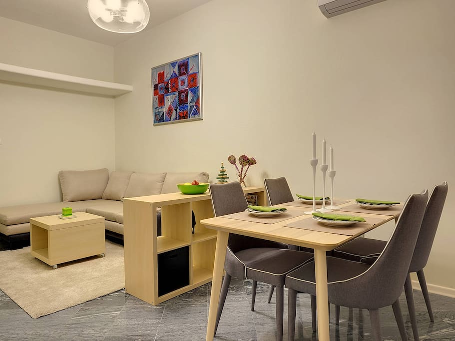 Sit down for dinner after a busy day.