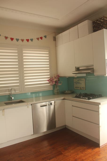 Recently renovated kitchen with gas hob, electric oven, microwave, dishwasher, kettle and all things you need for cooking meals and more!