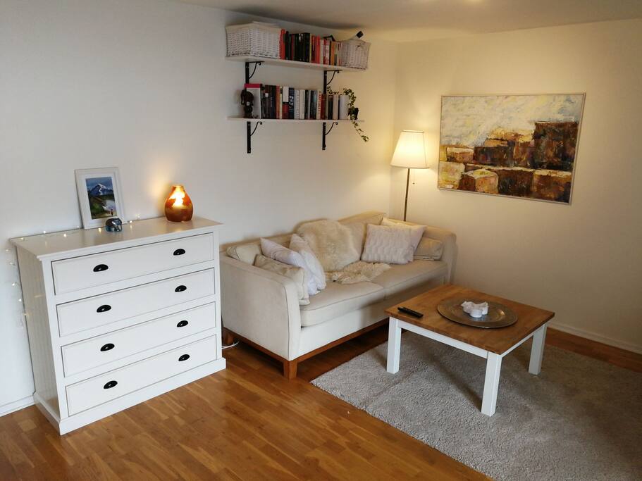 A spacious and bright living room with hardwood floors, a comfortable sofa and ambient lighting. A large dresser with space for clothes.