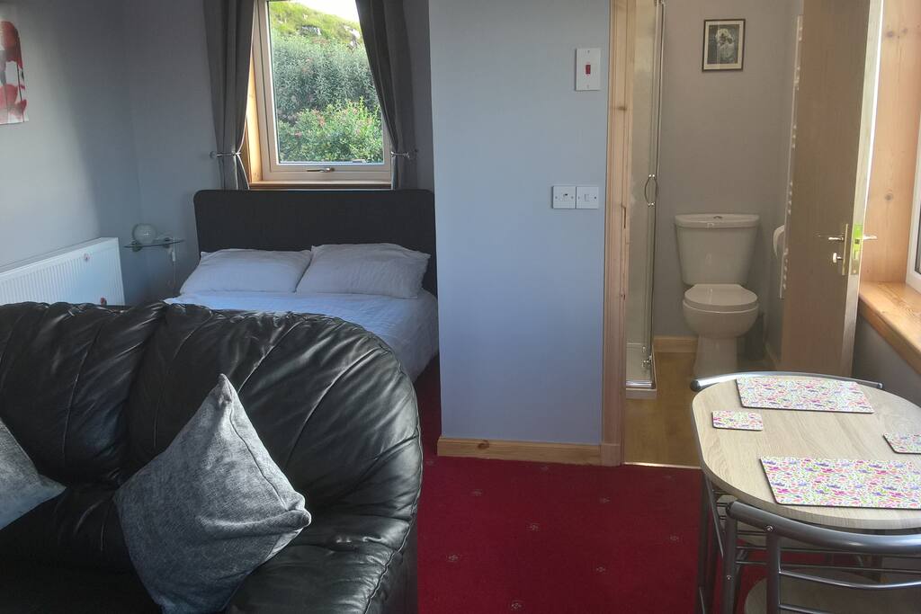 Room layout with bed, sofa and dining table