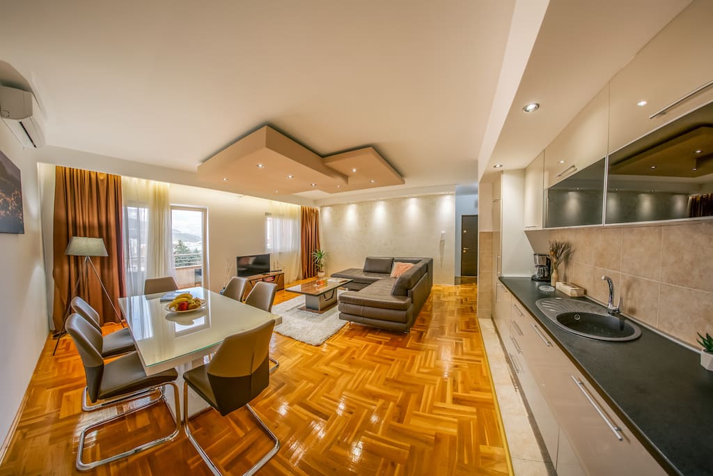 The space is air conditioned and has parquet floor in whole apartment.