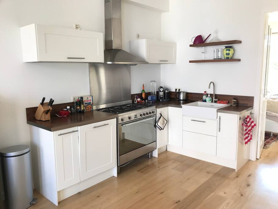 Kitchen with big stove and dishwasher