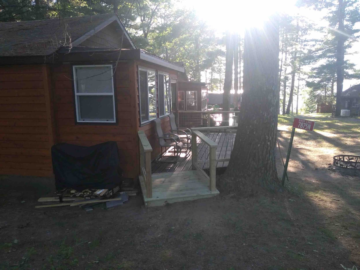 A cozy cabin exterior features a wooden deck and a small entryway with steps leading to it. Adjacent to the cabin, a fire pit is visible on the grassy area, surrounded by tall trees that provide shade and privacy. Natural light filters through the tree branches.