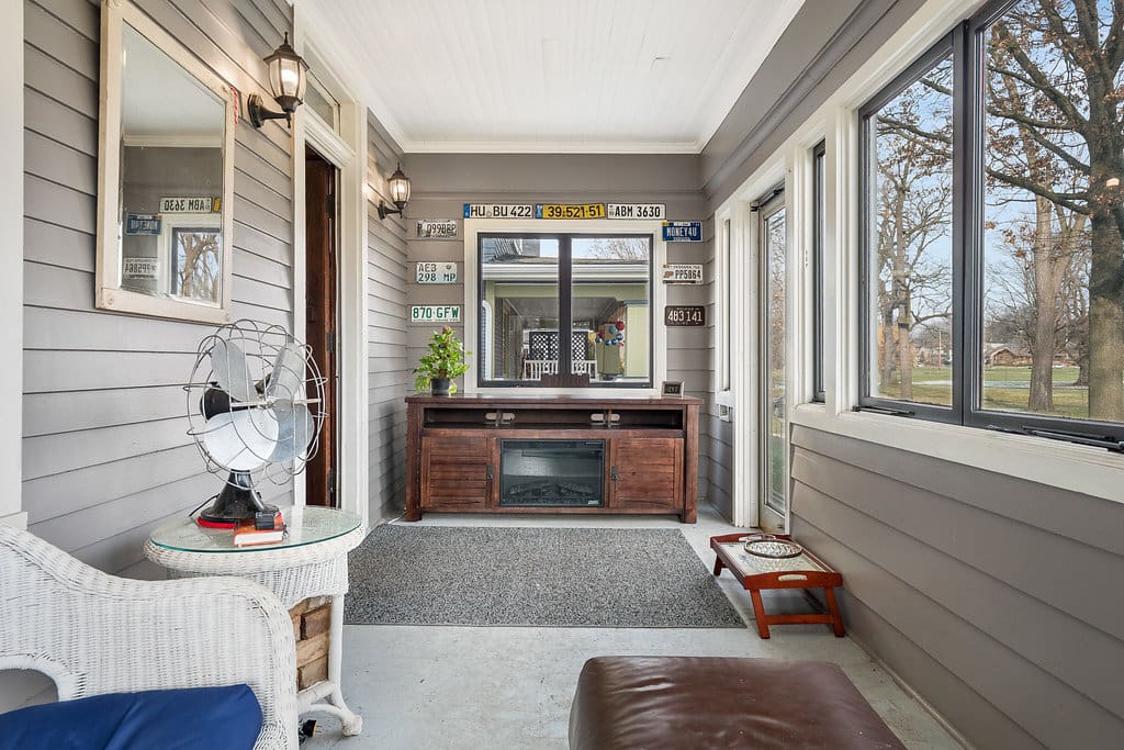 Electric fireplace in four season porch
