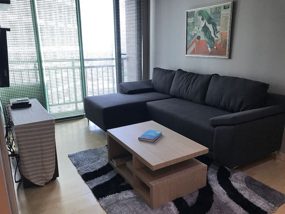 Living room with large sofa and great views.. LCD TV and WiFi. Some coffee book available for browsing and a copy of Marc Chagall’s The Birthday (1915) original in the Museum or Modern Art NY, NY