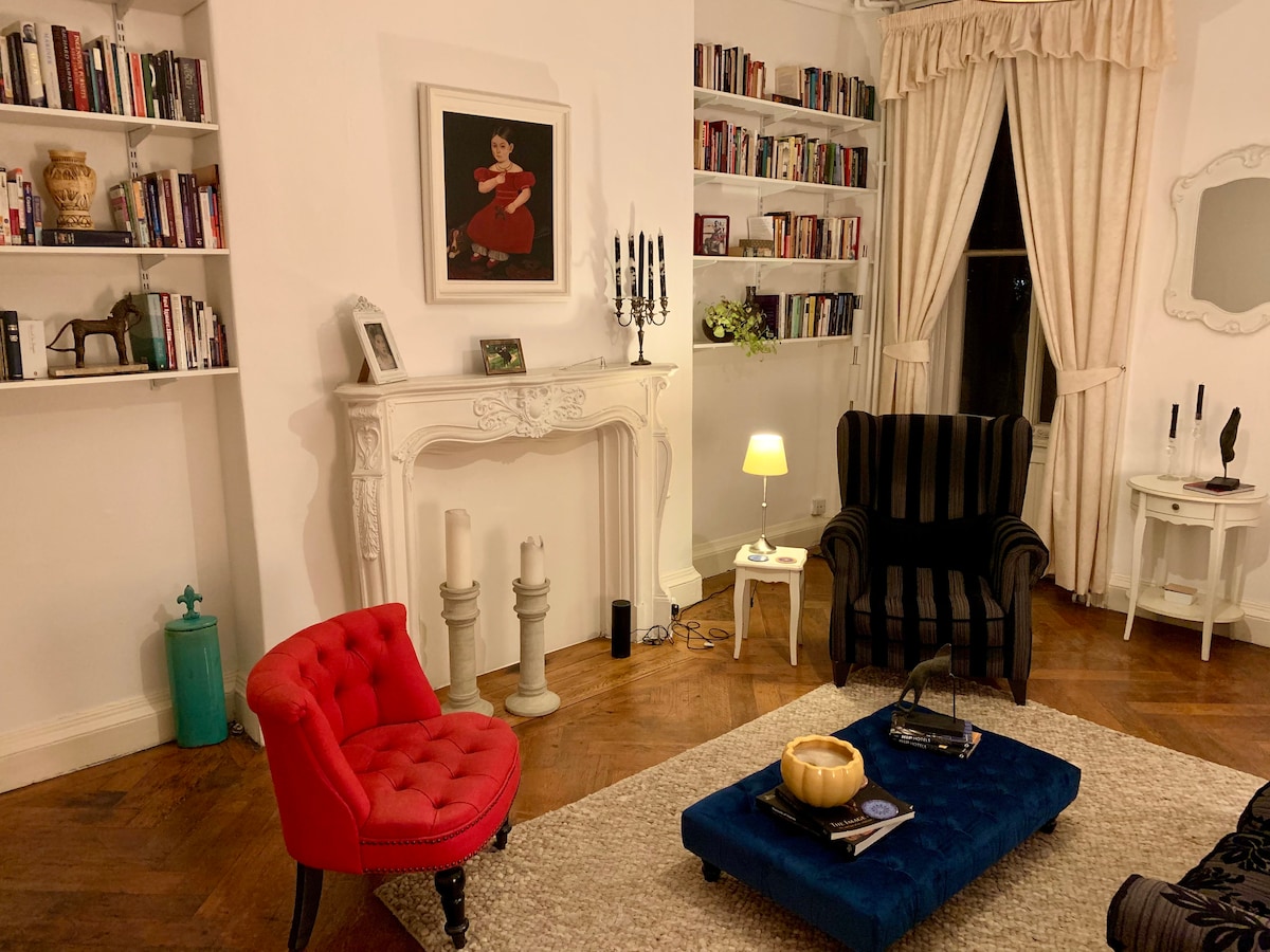 A cozy living area features two contrasting armchairs, one in vibrant red and the other in dark stripes. Shelving lined with books fills a wall, while a decorative fireplace adds character. Warm lighting from a side lamp enhances the inviting ambiance.