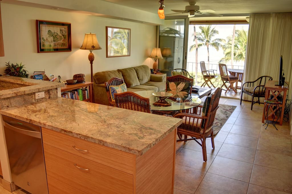 Living area open to kitchen with amazing ocean view