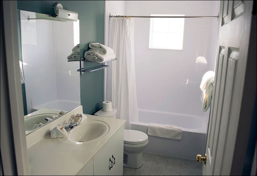 Get ready for the day in the suite's clean, bright bathroom with large mirror and tub