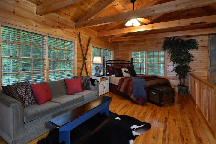 Rymligt, ljust och ljust loftområde med dubbelsäng och sovsoffa i queenstorlek.