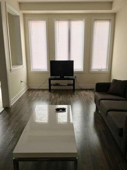 spacious living area with TV with cable on it, 2 sofas and a modern chrome white table