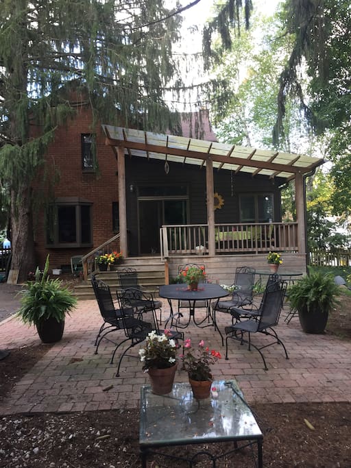 Patio and covered porch great for socializing.