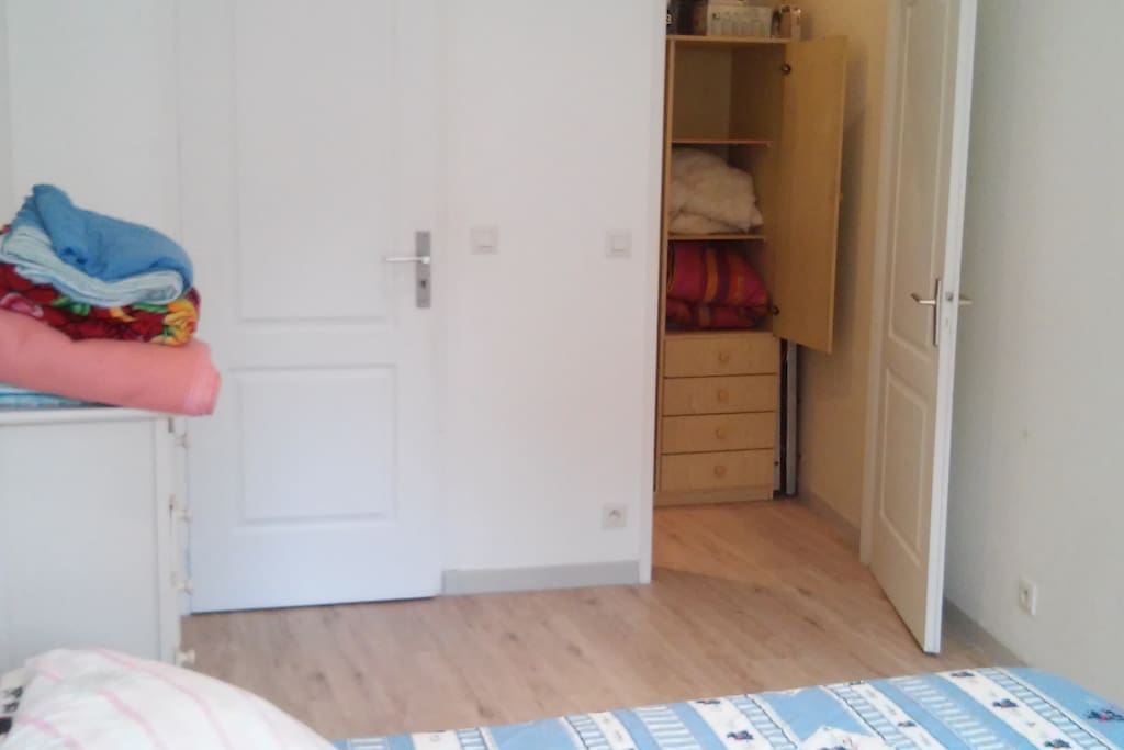 The bedroom has a closet and a private door