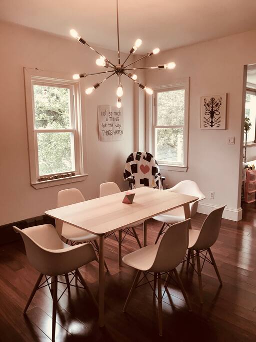 Dining room is modern and fun--and right outside your room ;)