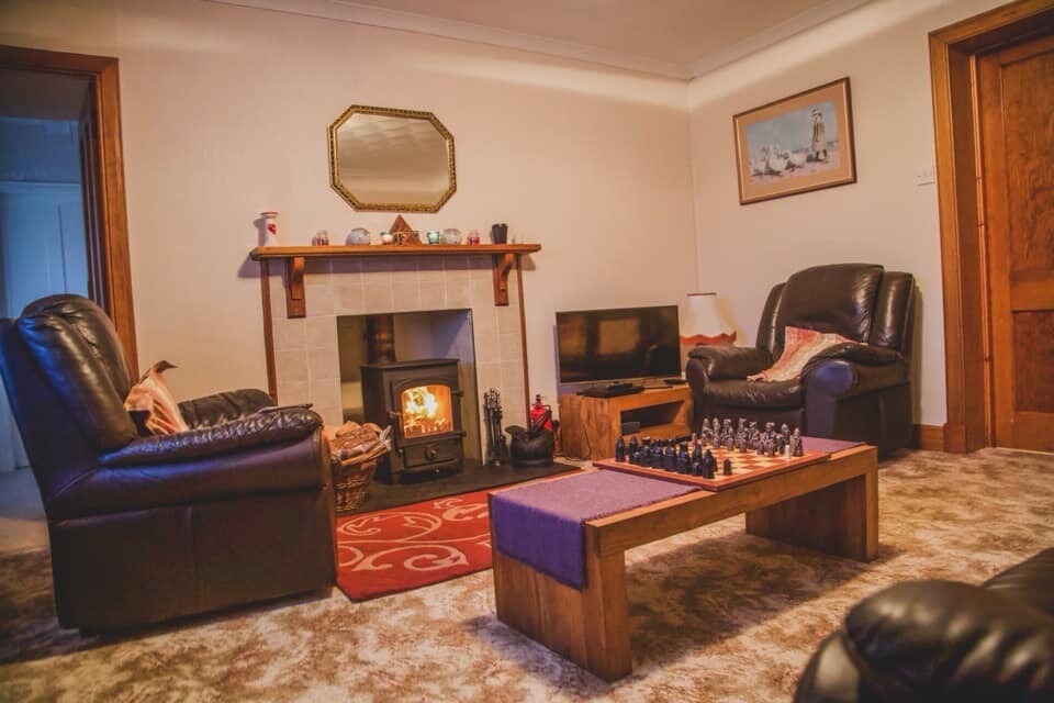 The living area features two comfortable leather armchairs and a plush rug, creating a welcoming space. A coffee table holds a chess set, and a television is positioned nearby. A fireplace adds warmth, while a decorative mirror enhances the room's dimensions.