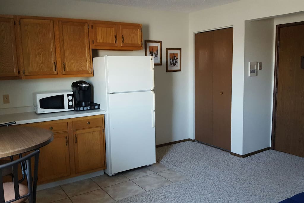 A full size refrigerator, microwave and Keurig let you make a quick meal or brew a cup of coffee.