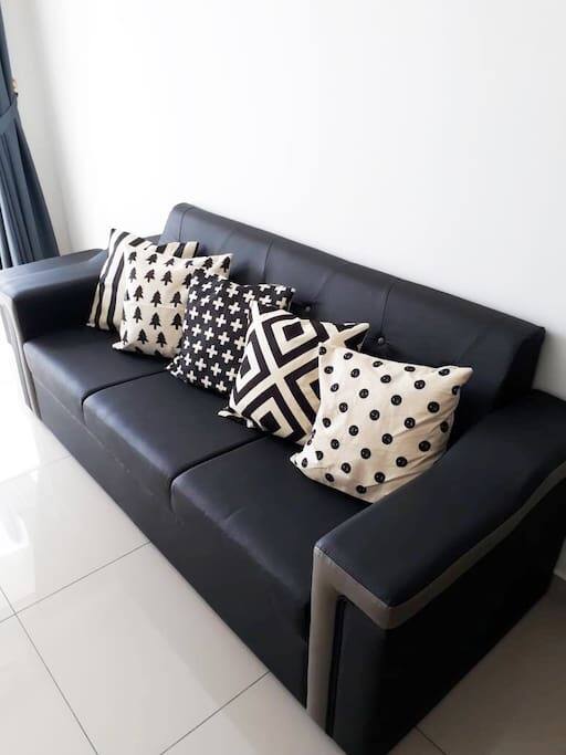 Living Hall - Sofa with BW Geometric Pattern Cushions