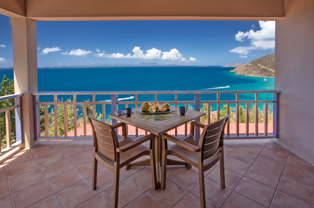 A covered patio area features a small table set with two chairs, overlooking expansive views of the Caribbean Sea. Blue waters and distant mountains create a serene backdrop, with clouds adding depth to the clear sky.