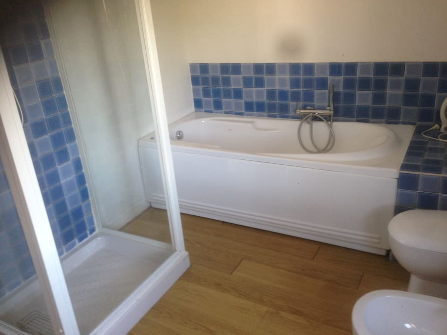 Ampio bagno con doccia e vasca da bagno