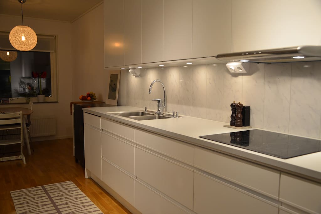 Kitchen with full size fridge and freezer, as well as induction stove, oven and microwave.