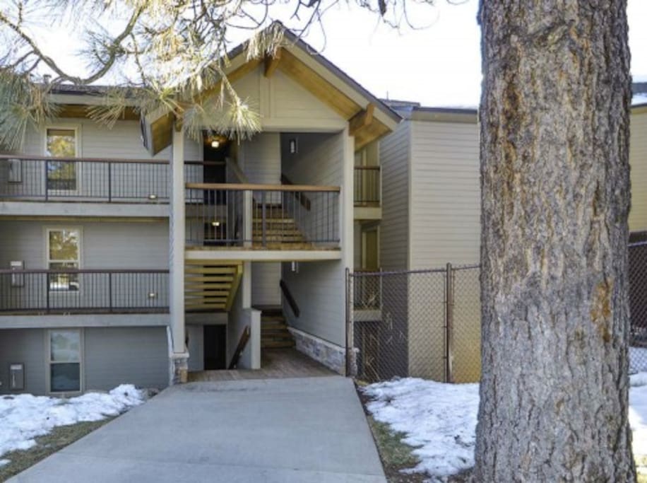 Entrance to unit. Forest view from back of top floor unit.