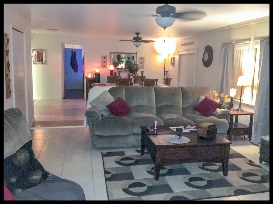 Looking from the front (side-ish) door, into the living room. That door straight ahead is your bedroom!