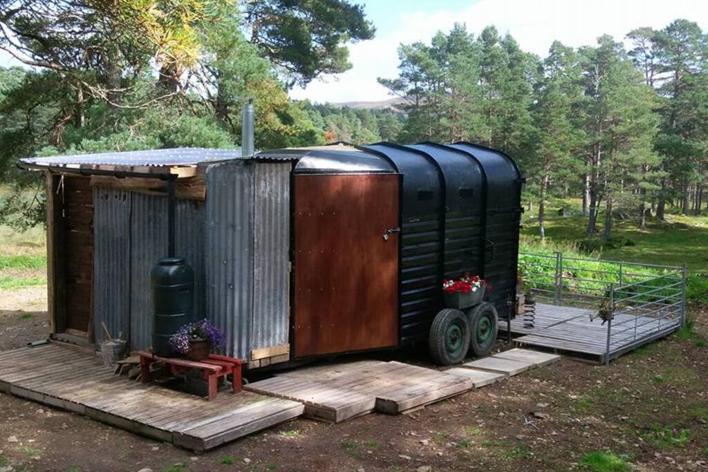 The pod is made of a vintage 70's horse trailer and "The Stall" built onto the side is the bathroom.