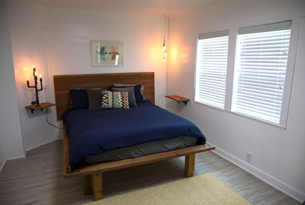 Casper brand mattress, custom bed frame and custom lighting.