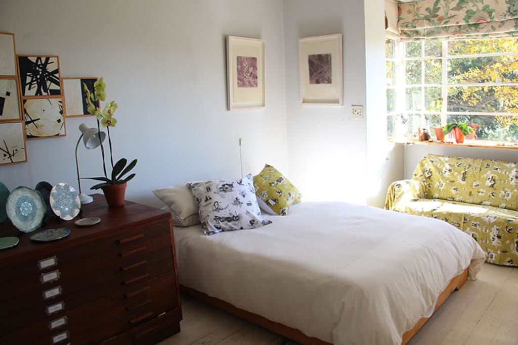 Sunny bedroom 1. Double bed with a firm new mattress and 100% cotton linen.