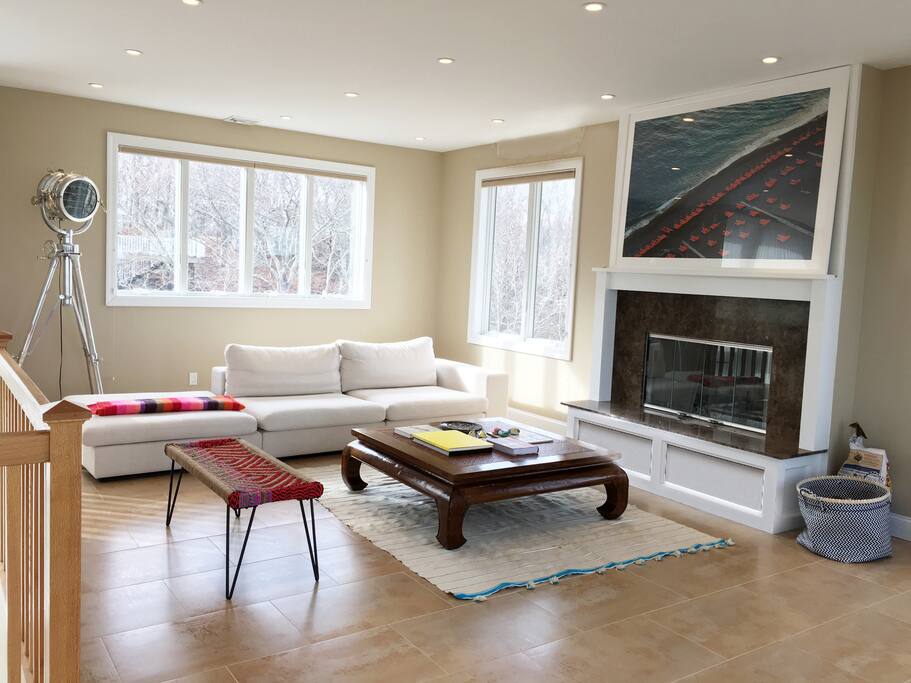 Living Room with Fireplace and Water Views
