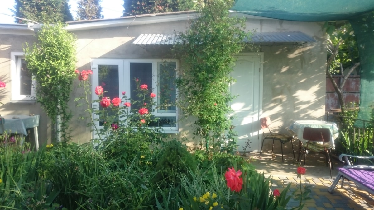 A charming outdoor area is featured, surrounded by vibrant greenery and blooming flowers. Two sets of glass windows provide a view into the space, with a small table and chairs inviting relaxation. A shaded seating area is visible, adding to the tranquil setting.