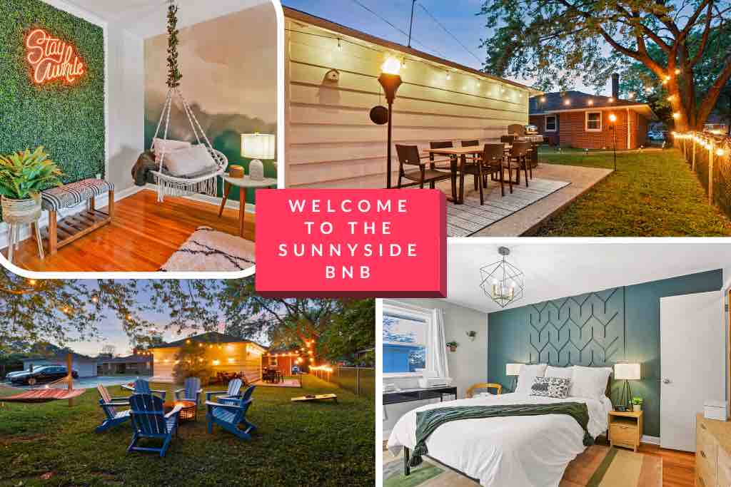 The image showcases various areas of The Sunnyside BnB, highlighting an inviting outdoor patio with dining furniture, a spacious bedroom featuring a plush bed against a green accent wall, and a cozy lounge area with a swinging chair and decorative plants.