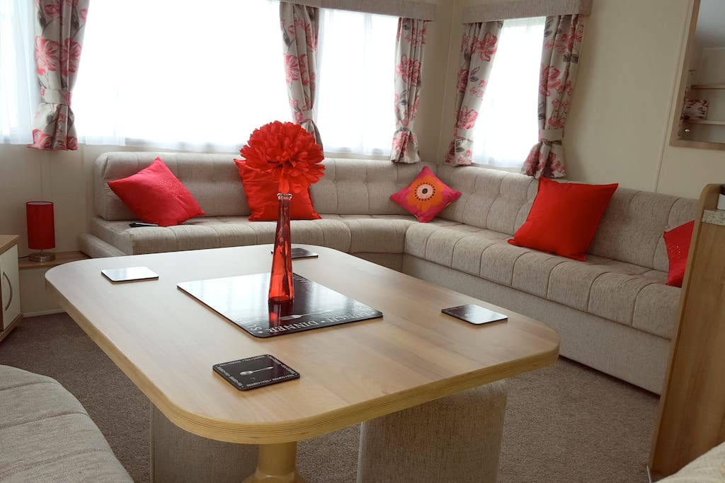 Dining area with storage under seats.