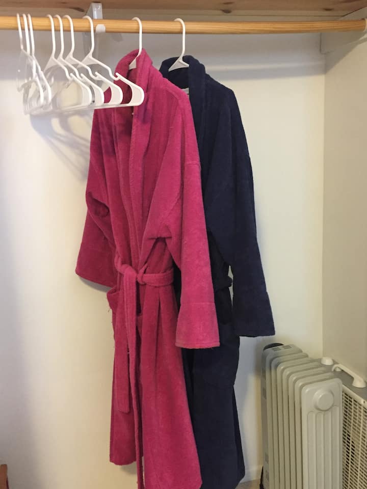 Terry cloth robes for two guests.    Full size closet in the bedroom.