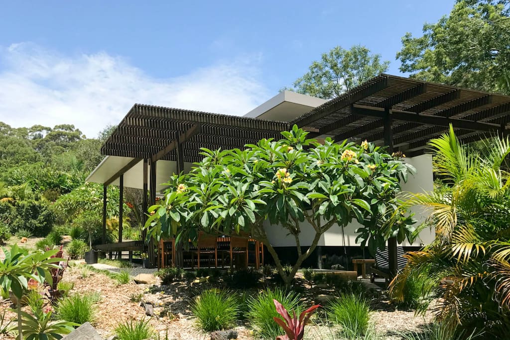 Outdoor dining, deck & BBQ area is shaded in summer by the magnificent frangipani tree.